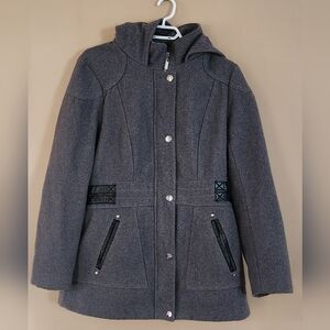 Guess Los Angeles Gray Jacket Side Buckles Hood Pockets Women's XL